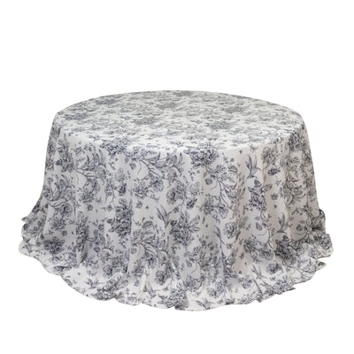 Polyester 132’’ Round Tablecloth White - Black French Toile Pattern for Chic Weddings - Tablecloths