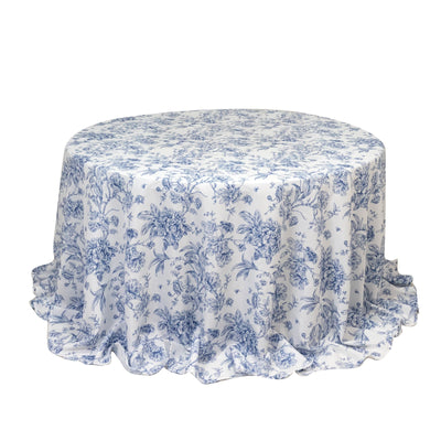 Polyester 132’’ Round Tablecloth White - Blue French Toile Pattern for Chic Weddings - Tablecloths