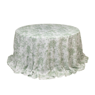 Polyester 132’’ Round Tablecloth White - Dusty Sage Green French Toile Pattern for Chic Weddings - Tablecloths