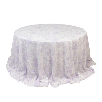 Polyester 132’’ Round Tablecloth White - Lavender Lilac French Toile Pattern for Chic Weddings - Tablecloths