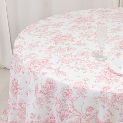 Polyester 132’’ Round Tablecloth White - Pink French Toile Pattern for Chic Weddings - Tablecloths
