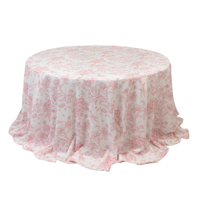Polyester 132’’ Round Tablecloth White - Pink French Toile Pattern for Chic Weddings - Tablecloths