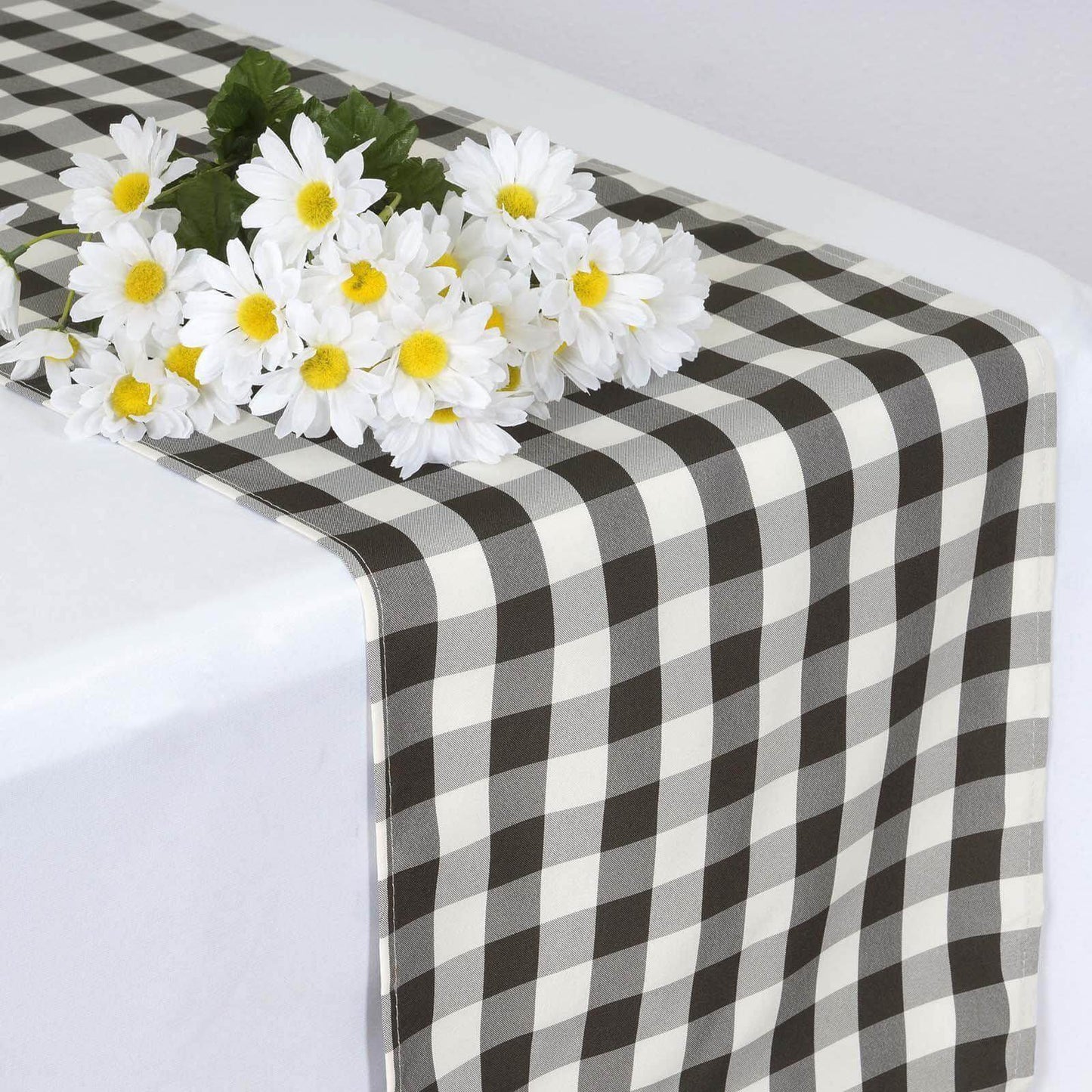 Polyester 14"x108" Table Runner Black/White - Gingham Plaid Design