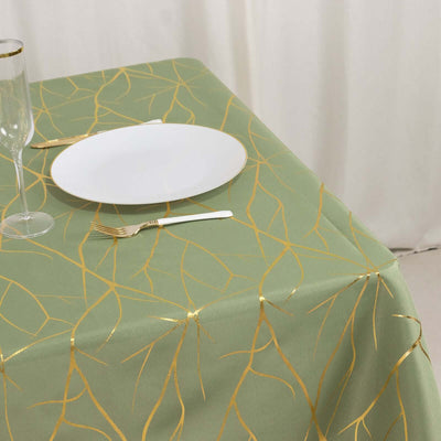 Polyester 54’’x54’’ Square Tablecloth Dusty Sage Green with Gold Foil Tree Branch Pattern - Wrinkle-Resistant & Durable