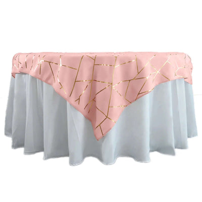 Polyester 54"x54" Table Overlay Square Tablecloth Dusty Rose with Gold Foil Geometric Pattern - Wrinkle-Resistant & Durable Table Topper