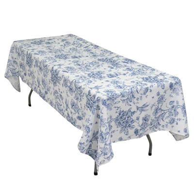 Polyester 60’’x102’’ Rectangle Tablecloth White - Blue French Toile Pattern for Elegant Gatherings - Tablecloths
