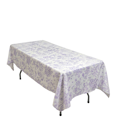 Polyester 60’’x102’’ Rectangle Tablecloth White - Lavender Lilac French Toile Pattern for Elegant Gatherings