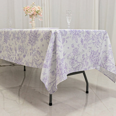 Polyester 60’’x102’’ Rectangle Tablecloth White - Lavender Lilac French Toile Pattern for Elegant Gatherings
