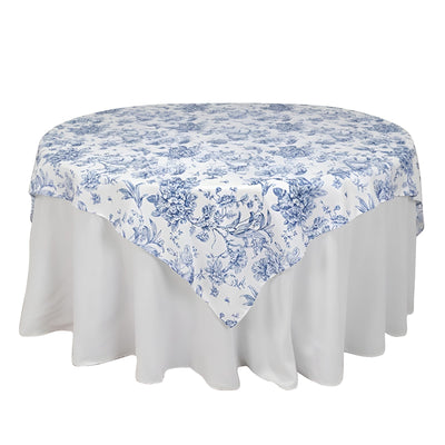 Polyester 70’’x70’’ Table Overlay White - Blue French Toile Pattern for Stylish Events - Overlays