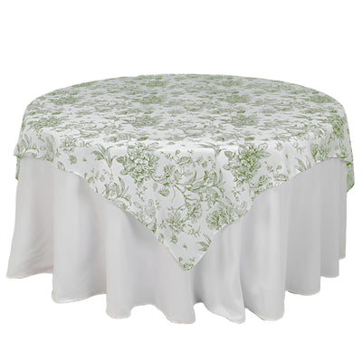 Polyester 70’’x70’’ Table Overlay White - Dusty Sage Green French Toile Pattern for Stylish Events - Overlays