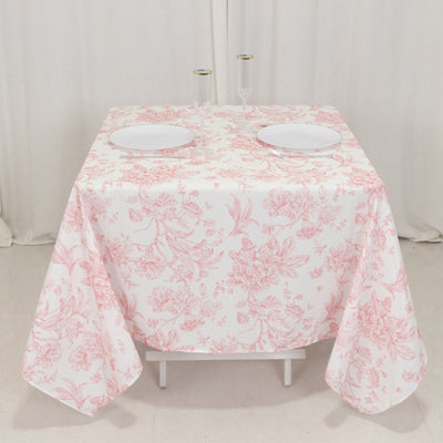 Polyester 70’’x70’’ Table Overlay White - Pink French Toile Pattern for Refined Gatherings - Overlays