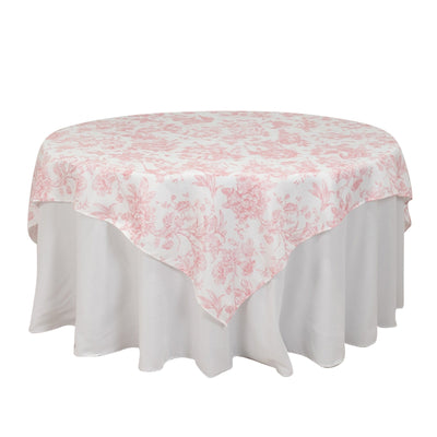 Polyester 70’’x70’’ Table Overlay White - Pink French Toile Pattern for Refined Gatherings - Overlays
