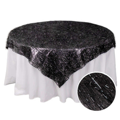 Polyester 72’’x72’’ Table Overlay Square Tablecloth Black - Metallic Fringe Shag Tinsel Table Cover - Overlays