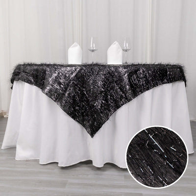 Polyester 72’’x72’’ Table Overlay Square Tablecloth Black - Metallic Fringe Shag Tinsel Table Cover - Overlays