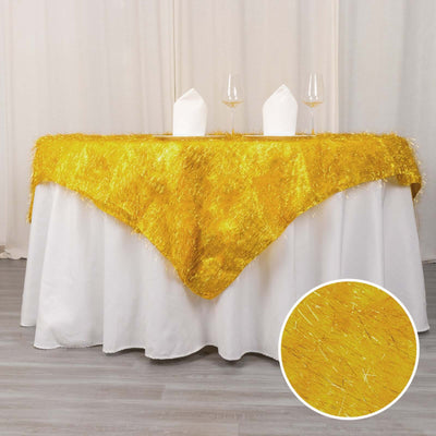 Polyester 72’’x72’’ Table Overlay Square Tablecloth Gold - Metallic Fringe Shag Tinsel Design for Luxe Events - Overlays