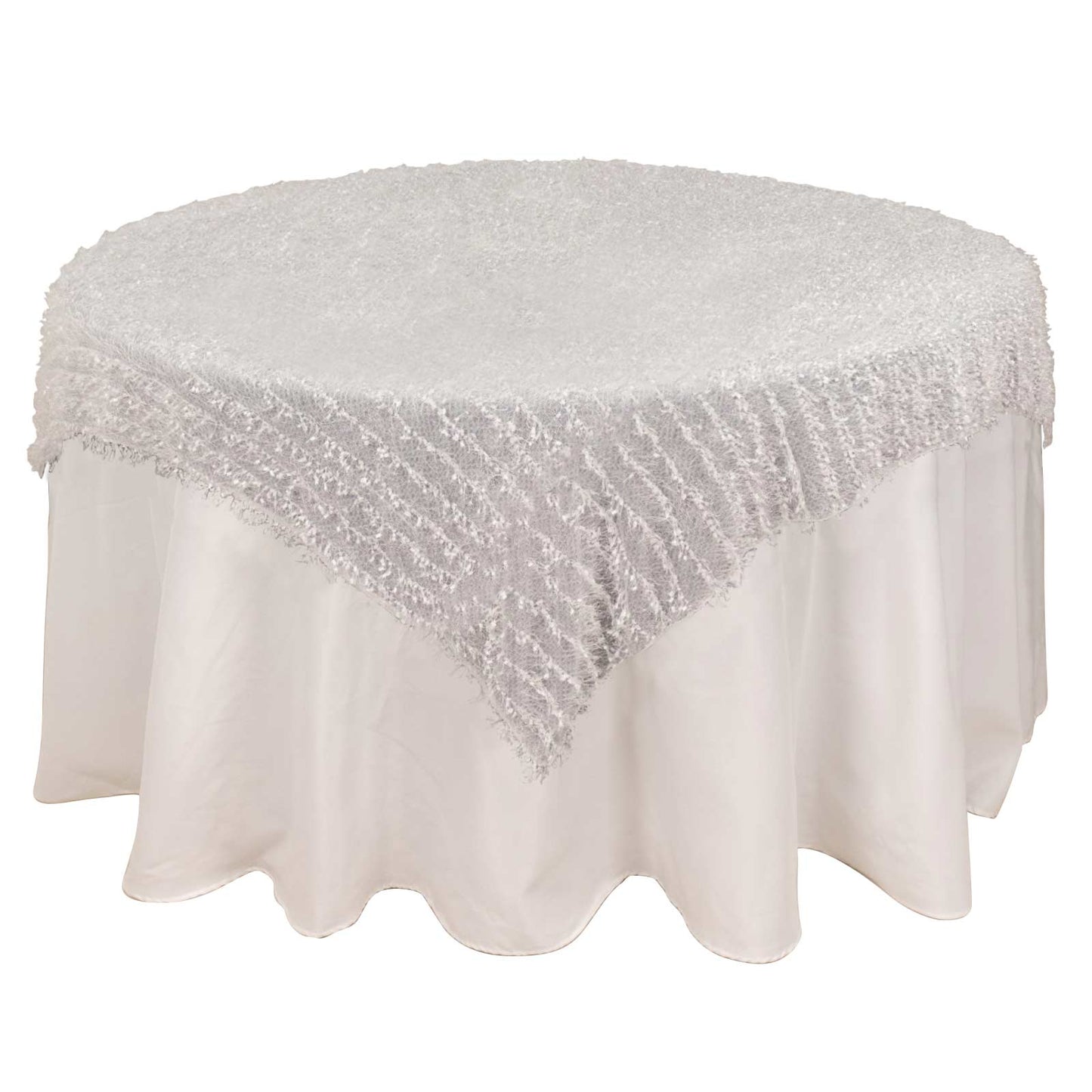 Polyester 72"x72" Table Overlay Square Tablecloth White Fringe Shag Design for Stylish Celebrations