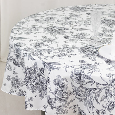 Polyester 90’’ Round Tablecloth White - Black French Toile Pattern for Chic Weddings - Tablecloths