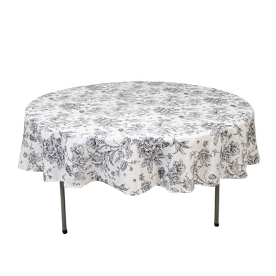 Polyester 90’’ Round Tablecloth White - Black French Toile Pattern for Chic Weddings - Tablecloths