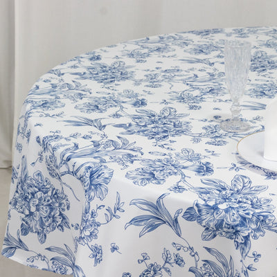 Polyester 90’’ Round Tablecloth White - Blue French Toile Pattern for Chic Weddings - Tablecloths