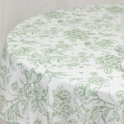 Polyester 90’’ Round Tablecloth White - Dusty Sage Green French Toile Pattern for Chic Weddings - Tablecloths