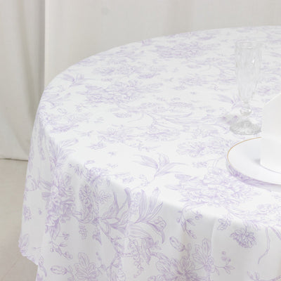 Polyester 90’’ Round Tablecloth White - Lavender Lilac French Toile Pattern for Chic Weddings - Tablecloths