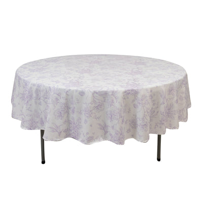 Polyester 90’’ Round Tablecloth White - Lavender Lilac French Toile Pattern for Chic Weddings - Tablecloths