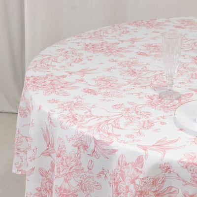 Polyester 90’’ Round Tablecloth White - Pink French Toile Pattern for Chic Weddings - Tablecloths