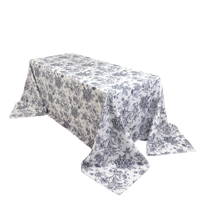 Polyester 90’’x132’’ Rectangle Tablecloth White - Seamless Black French Toile Pattern for Formal Celebrations