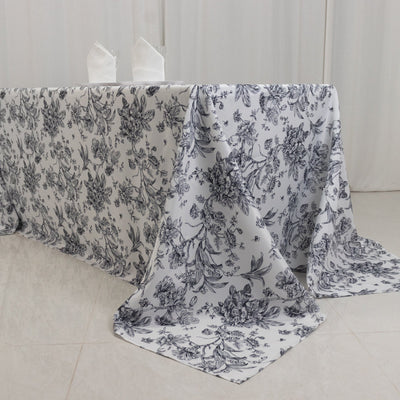 Polyester 90’’x132’’ Rectangle Tablecloth White - Seamless Black French Toile Pattern for Formal Celebrations