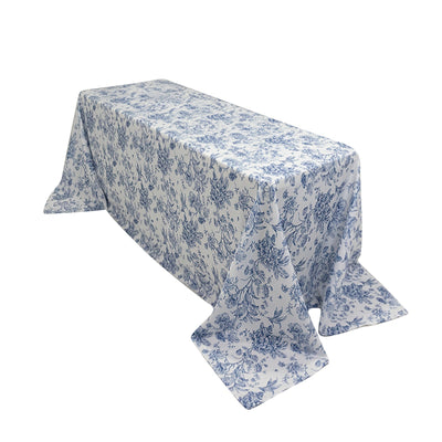 Polyester 90’’x132’’ Rectangle Tablecloth White - Seamless Blue French Toile Pattern for Upscale Events - Tablecloths
