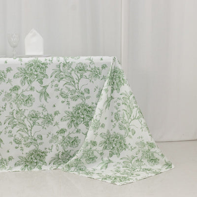 Polyester 90’’x132’’ Rectangle Tablecloth White - Seamless Dusty Sage Green French Toile Pattern for Formal