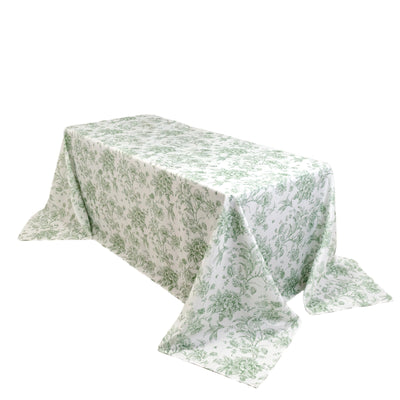 Polyester 90’’x132’’ Rectangle Tablecloth White - Seamless Dusty Sage Green French Toile Pattern for Formal