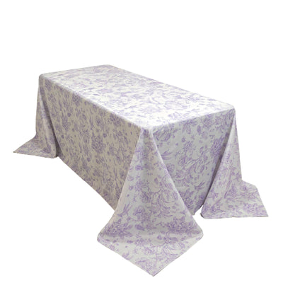 Polyester 90’’x132’’ Rectangle Tablecloth White - Seamless Lavender Lilac French Toile Pattern for Formal Celebrations