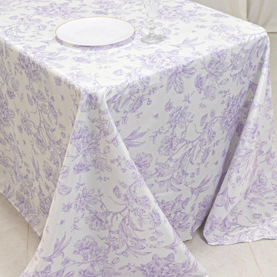 Polyester 90’’x132’’ Rectangle Tablecloth White - Seamless Lavender Lilac French Toile Pattern for Formal Celebrations