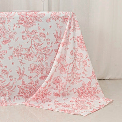 Polyester 90’’x132’’ Rectangle Tablecloth White - Seamless Pink French Toile Pattern for Formal Celebrations