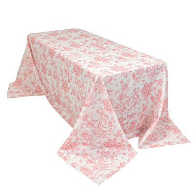 Polyester 90’’x132’’ Rectangle Tablecloth White - Seamless Pink French Toile Pattern for Formal Celebrations