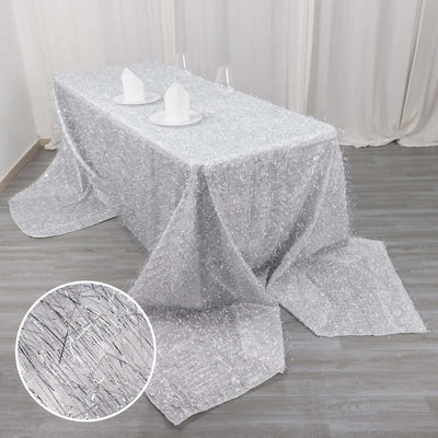 Polyester 90’’x156’’ Rectangle Tablecloth Silver Metallic Fringe Shag Tinsel Table Cover - Tablecloths