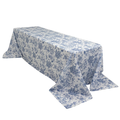 Polyester 90’’x156’’ Rectangle Tablecloth White - Seamless Blue French Toile Pattern for Chic Weddings - Tablecloths