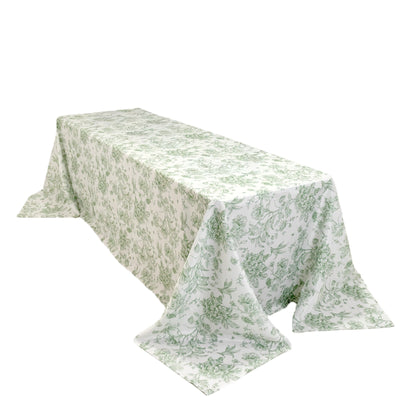 Polyester 90’’x156’’ Rectangle Tablecloth White - Seamless Dusty Sage Green French Toile Pattern for Grand Occasions