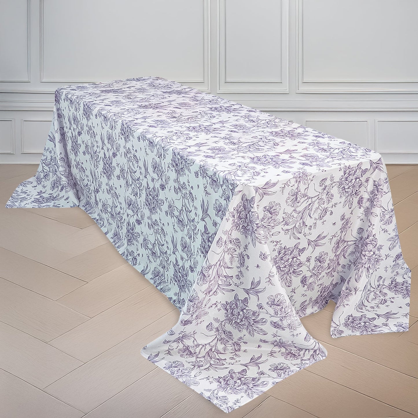 Polyester 90’’x156’’ Rectangle Tablecloth White - Seamless Lavender Lilac French Toile Pattern for Grand Occasions