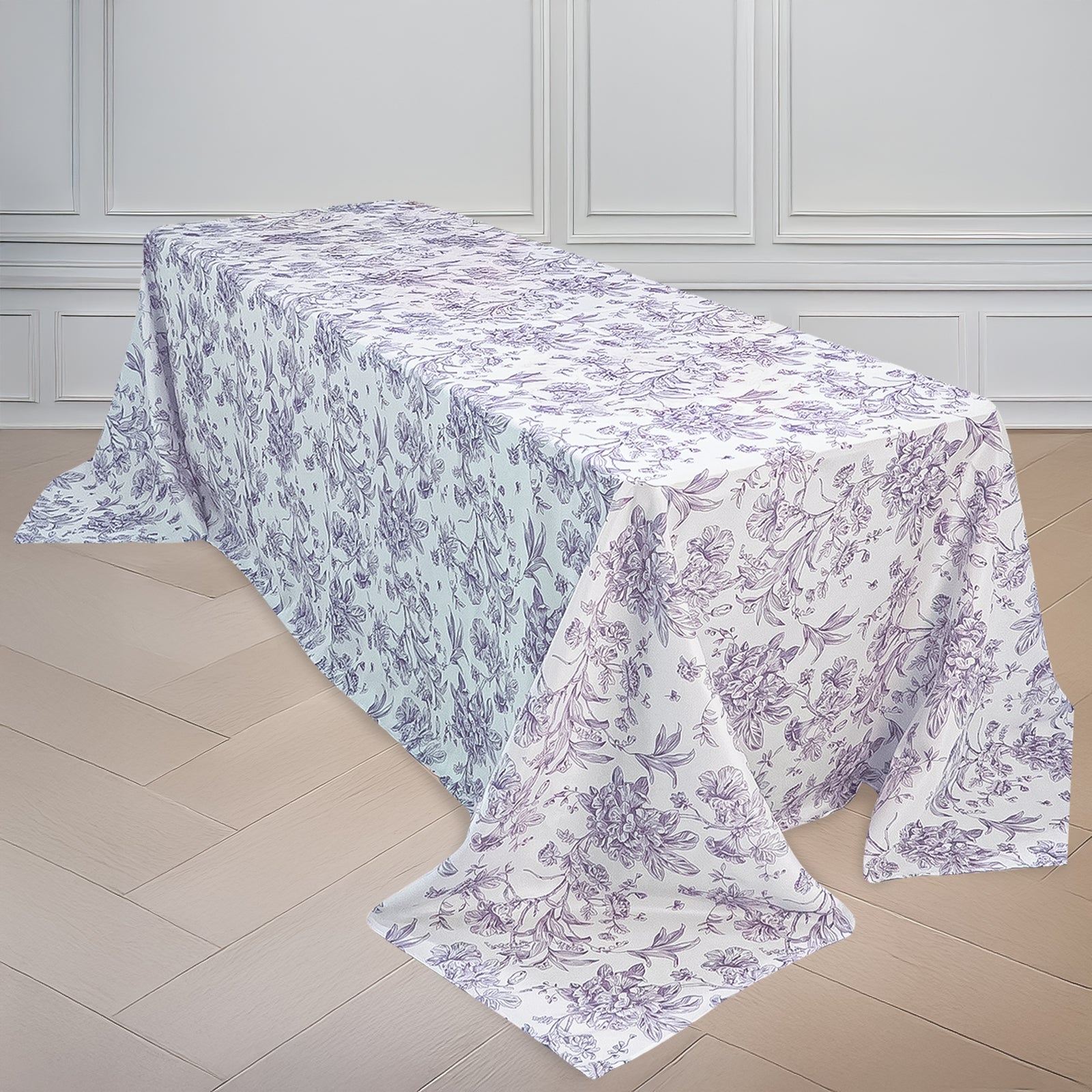 Polyester 90’’x156’’ Rectangle Tablecloth White - Seamless Lavender Lilac French Toile Pattern for Grand Occasions
