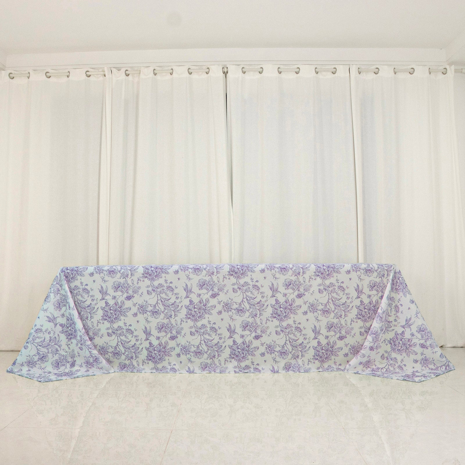 Polyester 90’’x156’’ Rectangle Tablecloth White - Seamless Lavender Lilac French Toile Pattern for Grand Occasions