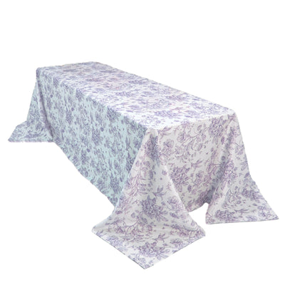 Polyester 90’’x156’’ Rectangle Tablecloth White - Seamless Lavender Lilac French Toile Pattern for Grand Occasions