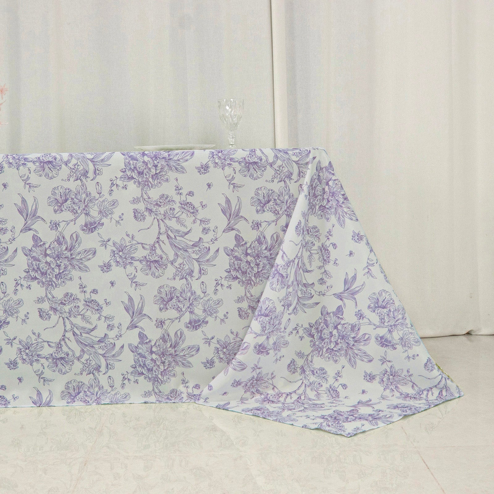 Polyester 90’’x156’’ Rectangle Tablecloth White - Seamless Lavender Lilac French Toile Pattern for Grand Occasions