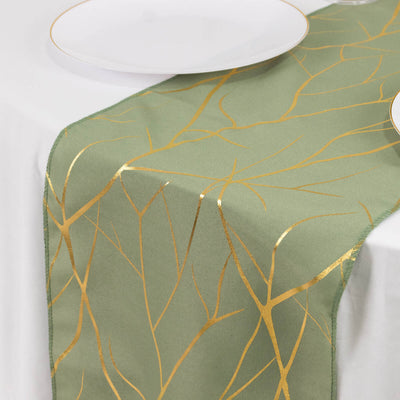 Polyester 9ft Table Runner Dusty Sage Green with Gold Foil Tree Branch Pattern - Stylish Table Linen - Runners