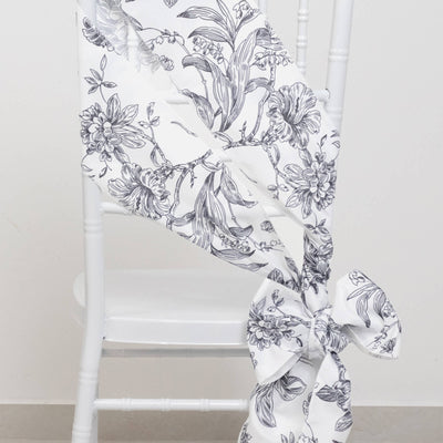 Polyester Chair Sashes White Black French Toile Floral Design - Wrinkle-Resistant & Durable Chair Bows 6’’x108’’