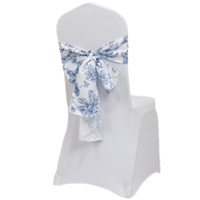 Polyester Chair Sashes White/Blue French Toile Floral Design - Wrinkle-Resistant & Durable Chair Bows for Exquisite