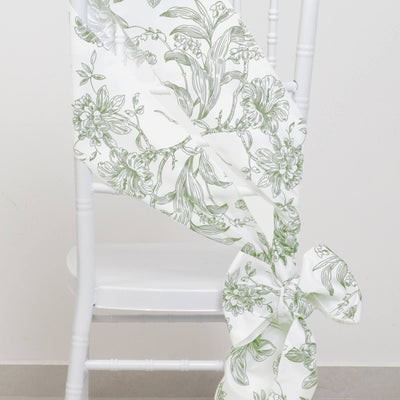 Polyester Chair Sashes White Dusty Sage Green French Toile Floral Design - Wrinkle-Resistant & Durable Chair Bows