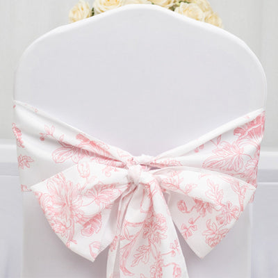 Polyester Chair Sashes White/Pink French Toile Floral Design - Wrinkle-Resistant & Durable Chair Bows 6’’x108’’ - Chair