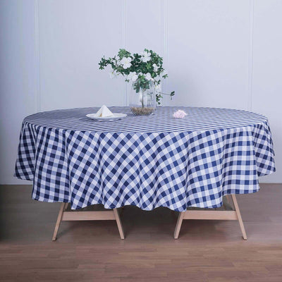 Polyester 108" Round Tablecloth White/Navy Blue - Checkered Buffalo Plaid Table Cover
